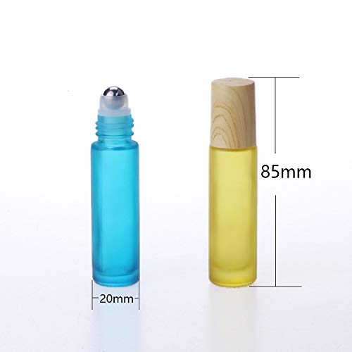 Furnido Essential Oil Roller Bottles 5 Pack 10ml Colorful Frosted Glass Roller Bottles with Stainless Steel Roller Balls Wood Grain Lid Perfume Roll on Bottles Lip Balms Container (White frosted) - Image 5